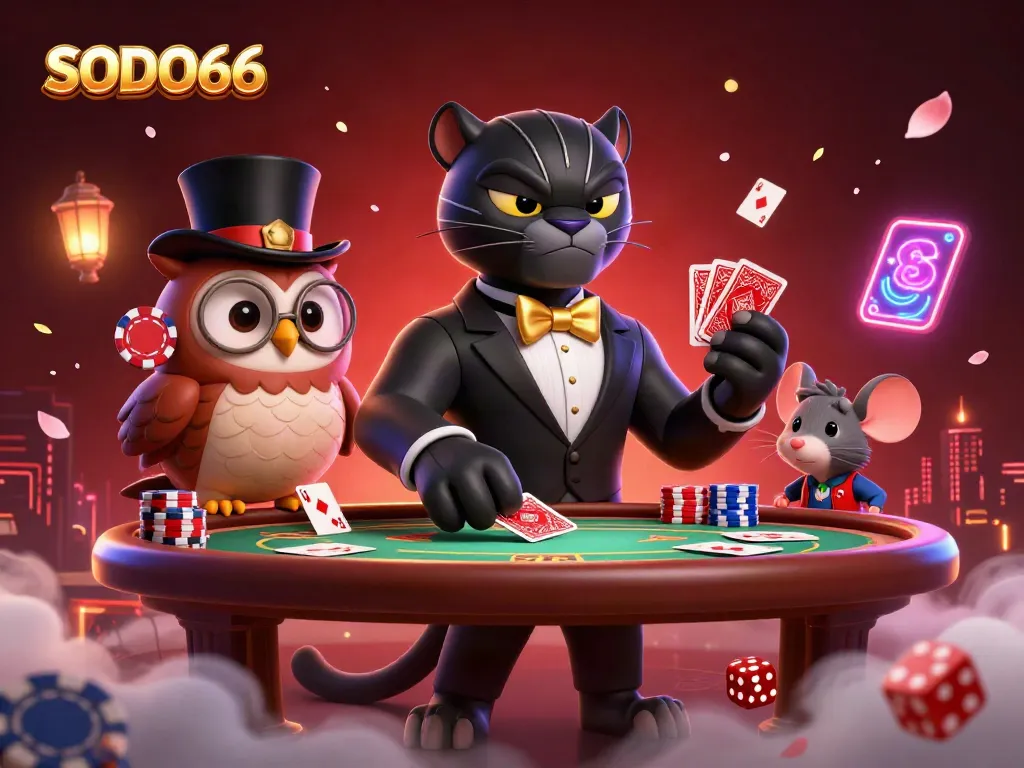 SODO66 showcases a stylish panther dealing cards in a lively casino scene with poker chips.