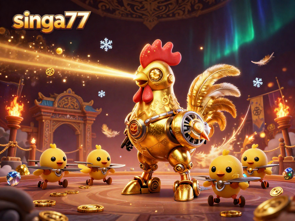 Singa77 features a dynamic golden rooster robot and drones in a vibrant gambling arena