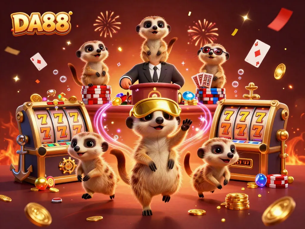Experience the thrill of DA88 in a dynamic cartoon casino scene with playful meerkats and vibrant slot machines.