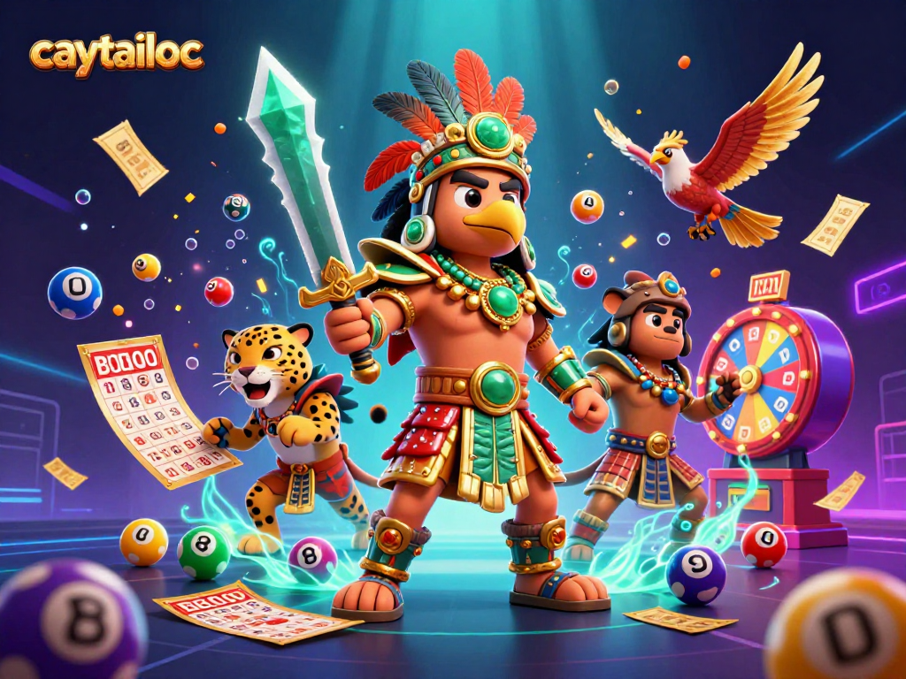 Caytailoc showcases 3D Aztec eagle warrior and jaguar in a vibrant, dynamic casino setting with bouncing lottery elements.