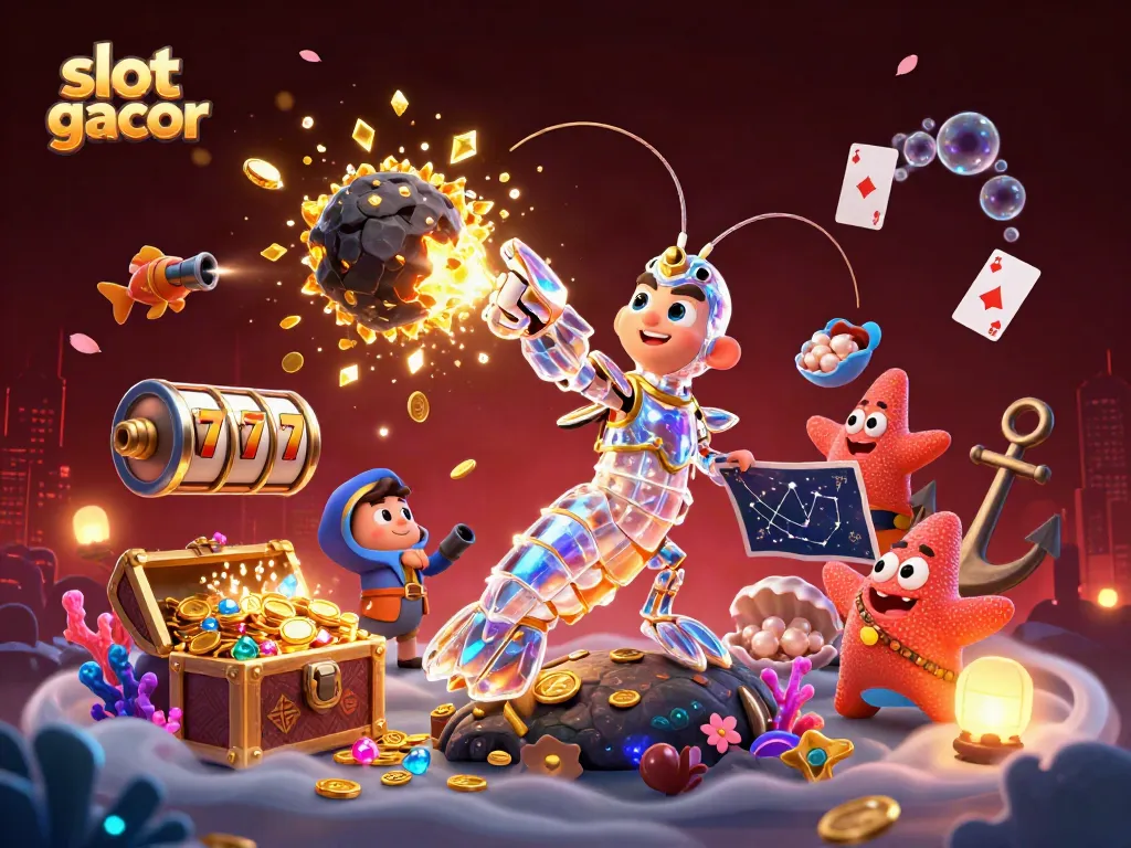 Watch slot gacor unfold with vibrant samurai shrimp amidst gold coins and slot elements.