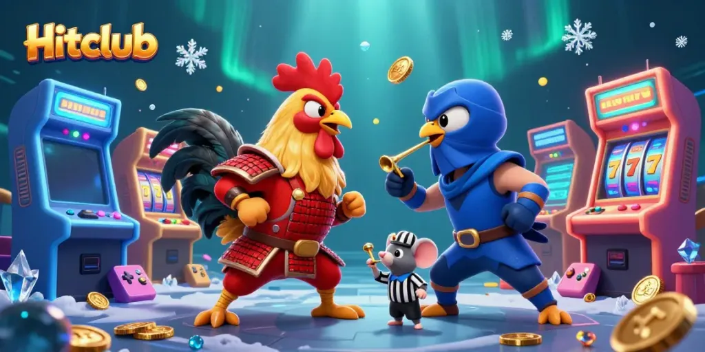 Hitclub showcases 3D fighting roosters amidst arcade games, enhancing the gambling experience.