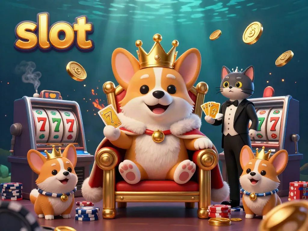 Experience slots with a royal corgi and charming cat in an enchanting casino scene.