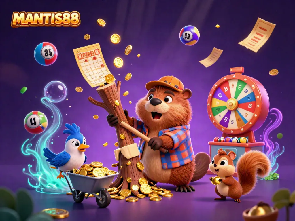 Experience the thrilling world of MANTIS88 where a beaver mascot presents exciting gaming elements amidst a cascade of coins.