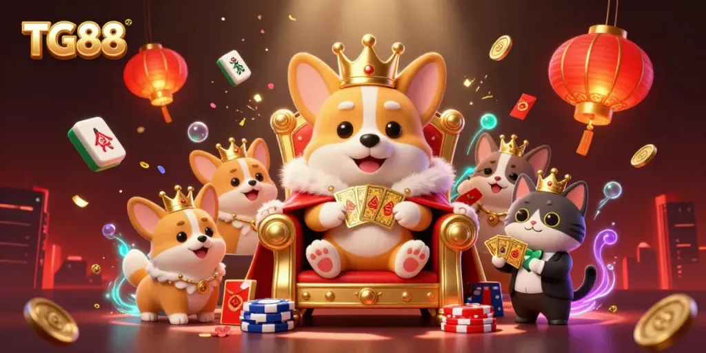 Engage with TG88's thrilling environment, capturing 3D royal corgi amid vibrant casino elements.