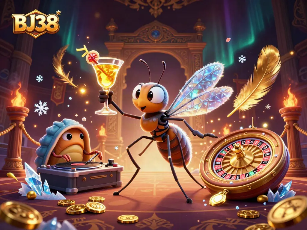 BJ38 showcases a vibrant 3D scene with a frozen mosquito mascot, trilobite DJ, and an ammonite roulette wheel amidst dynamic casino elements.
