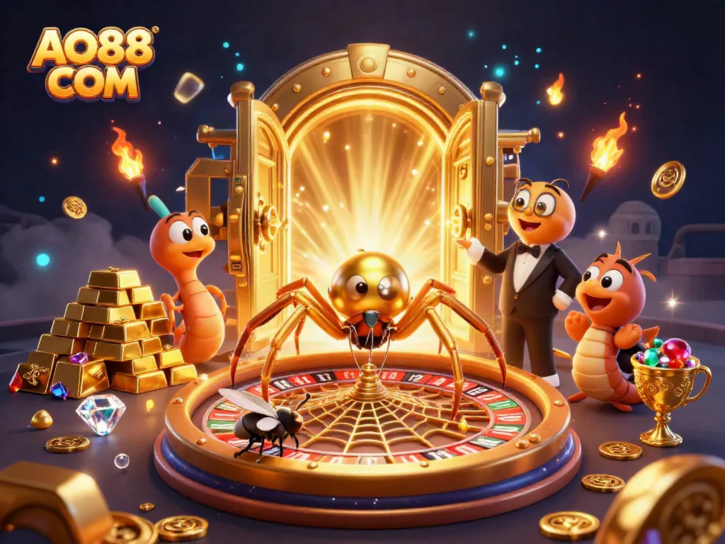 Experience exciting betting at AO88 COM, where a golden spider spins a roulette web.