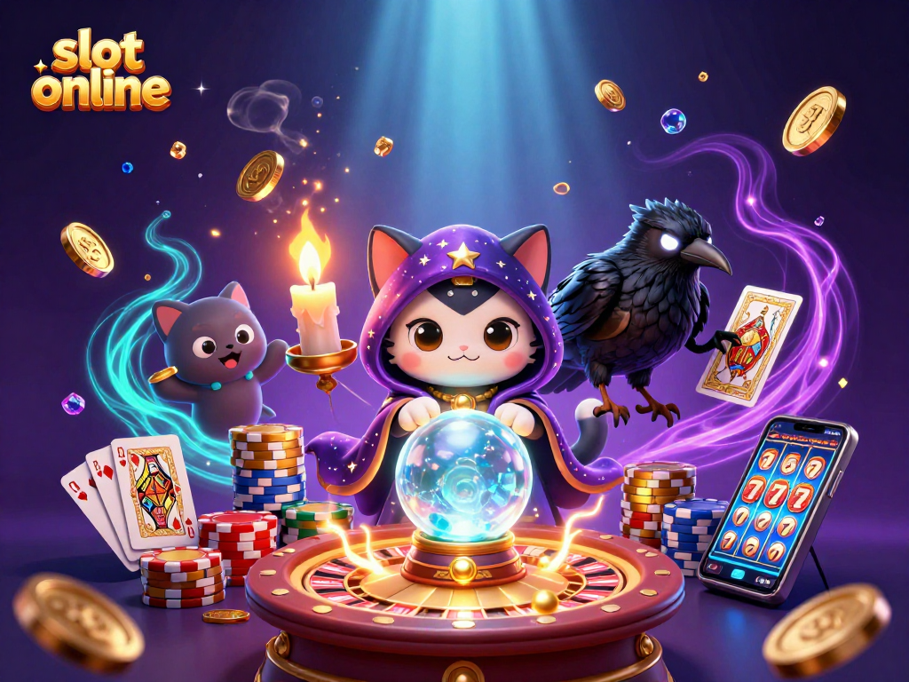 Bermain slot online dengan misteri kucing peramal dan burung gagak sambil dikelilingi koin emas.