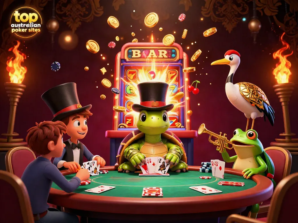 Engage with top australian poker sites in a vibrant 3D poker scene featuring lively characters and dynamic elements.