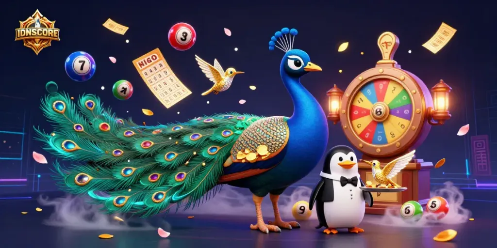 IDNSCORE presents an exciting gambling scene with a peacock, penguin, and hummingbird, showcasing vibrant lottery elements.
