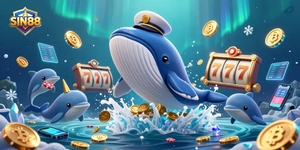 SIN88 captivates with a vibrant 3D casino scene featuring a cartoon whale and playful dolphins surrounded by rich slot elements.