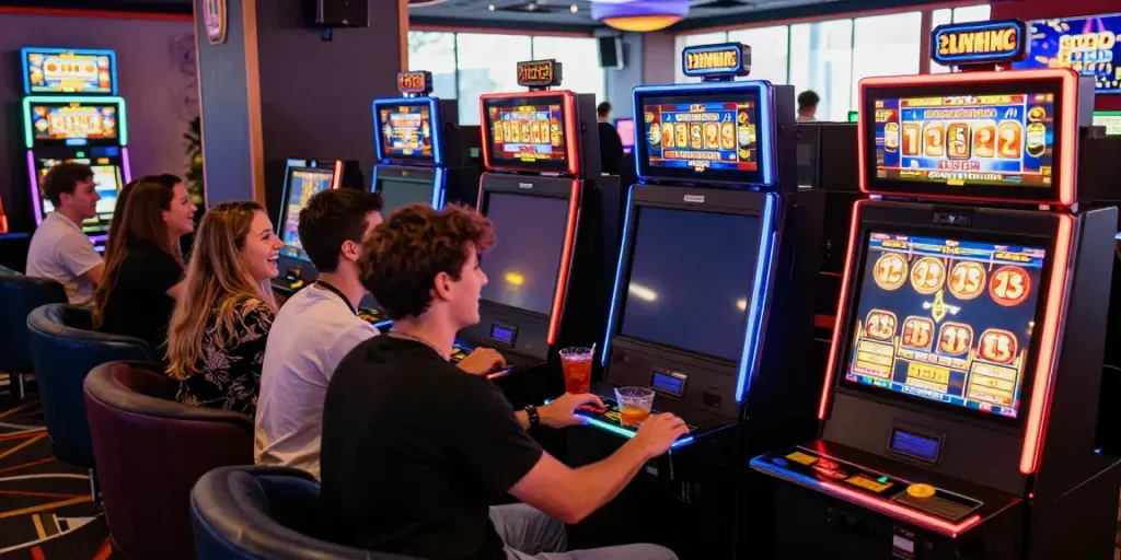 A vibrant gaming lounge with friends enjoying akunjp online slot machines in a lively atmosphere.