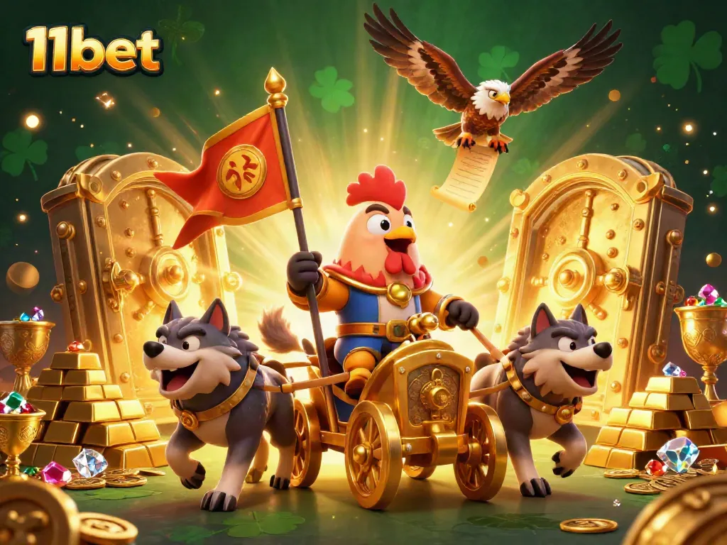 Experience the thrill of 11bet's vibrant online casino with a dynamic 3D rooster warlord and treasures.