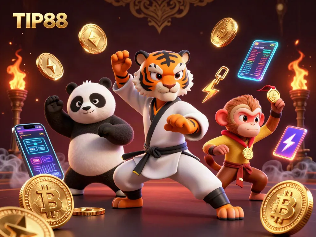 Experience the excitement of TIP88 with a vibrant 3D illustration featuring a kung fu tiger master and his students in a thrilling casino environment.