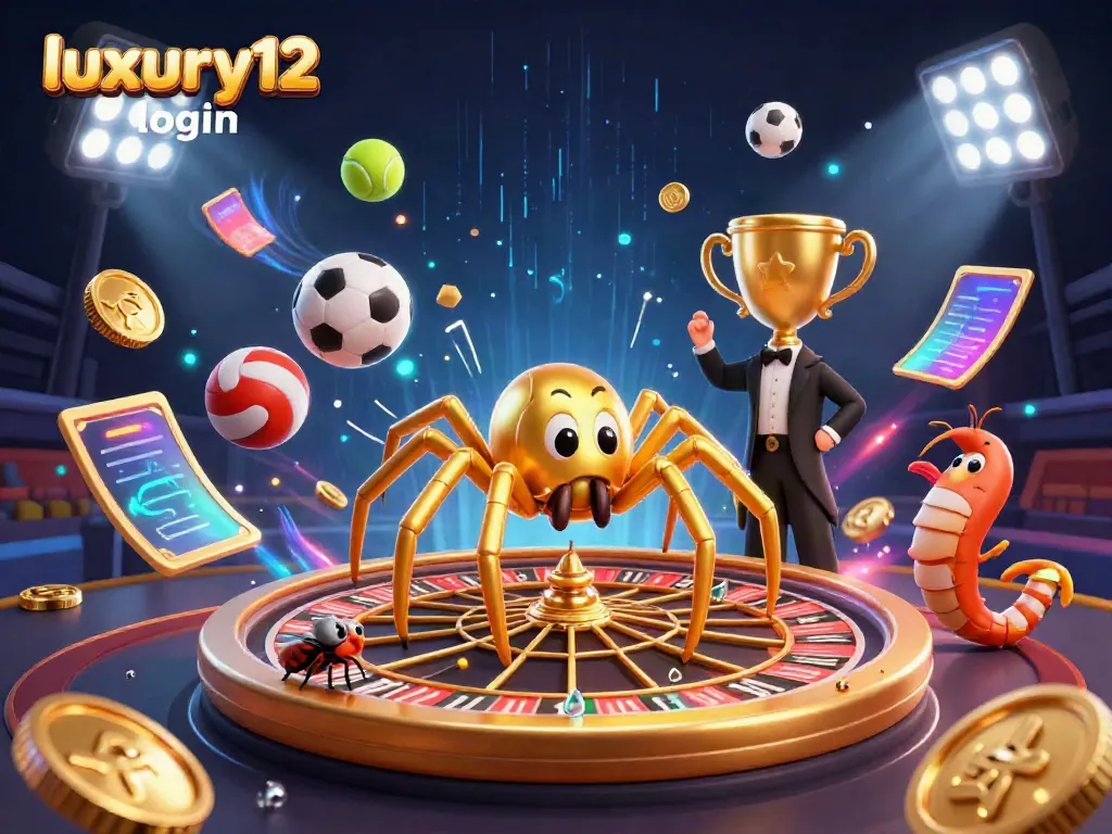 Experience luxury12 login with a golden roulette wheel web and dynamic sports betting scene illustrating online casino excitement.
