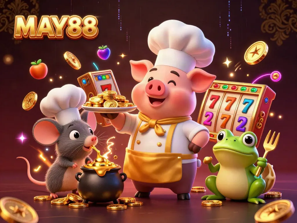 Engage with MAY88's vibrant slots world featuring a pig chef serving gold coins among colorful slot elements.