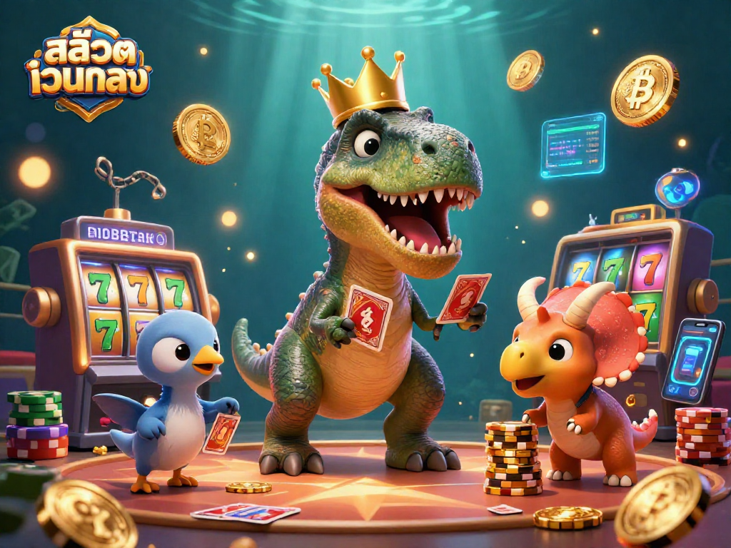 Experience the excitement of สล็อตเว็บตรง with a vibrant scene featuring cartoon dinosaurs engaging in casino games.
