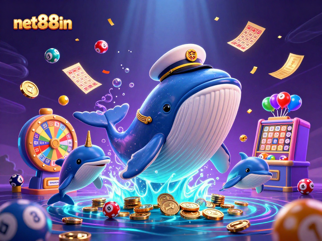 net88in showcases a lively 3D whale breaching in coins, surrounded by colorful bingo elements.