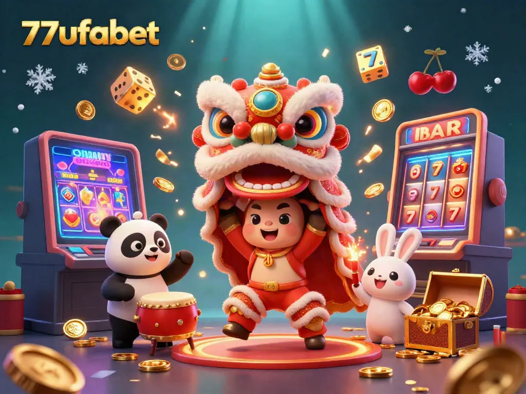 Engage in thrilling gaming at 77ufabet with lively characters amidst a jackpot explosion of coins.