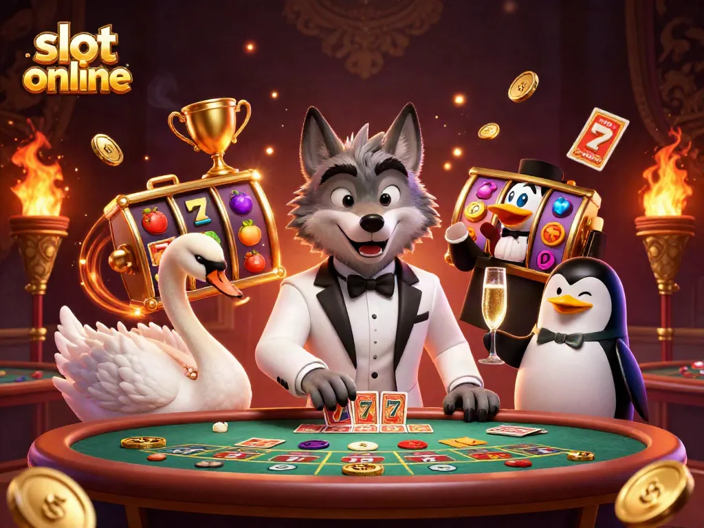 Menang besar dengan slot online, bersama karakter kartun di kasino yang glamor.