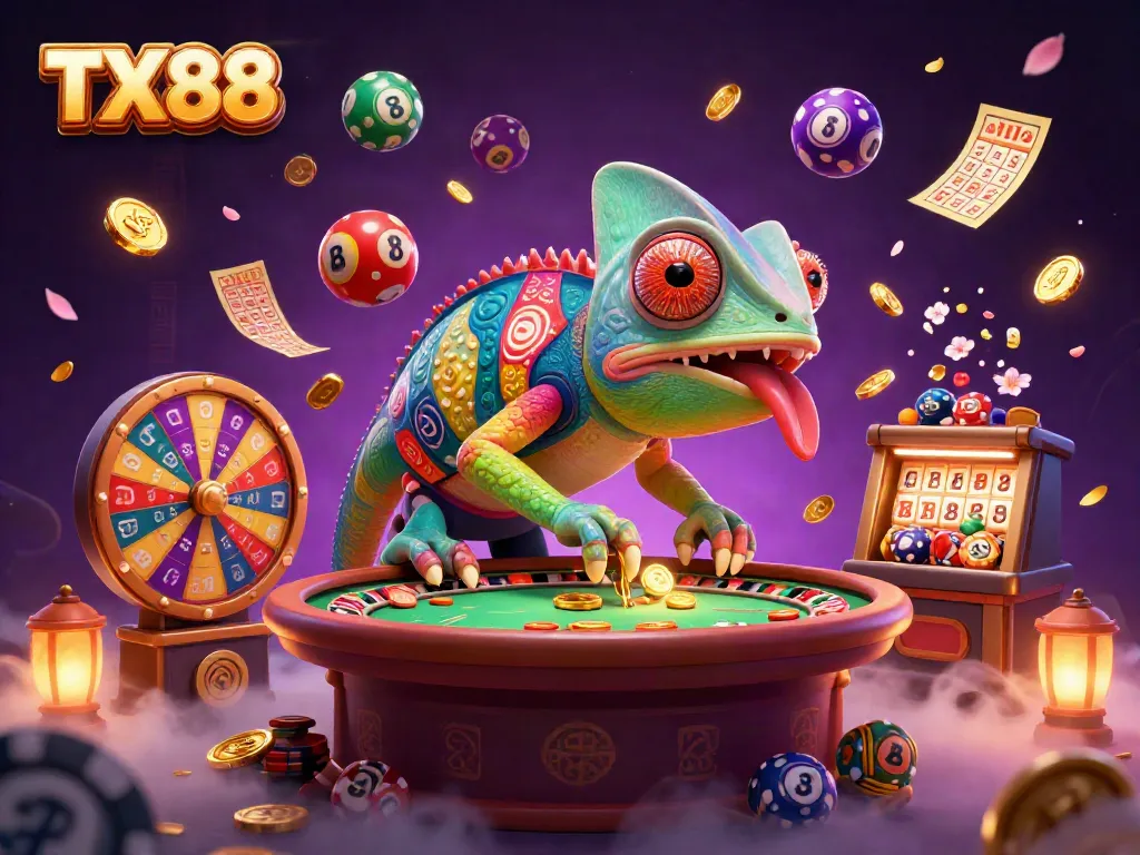 Experience the excitement of TX88 with vibrant casino elements and a clever chameleon in action.