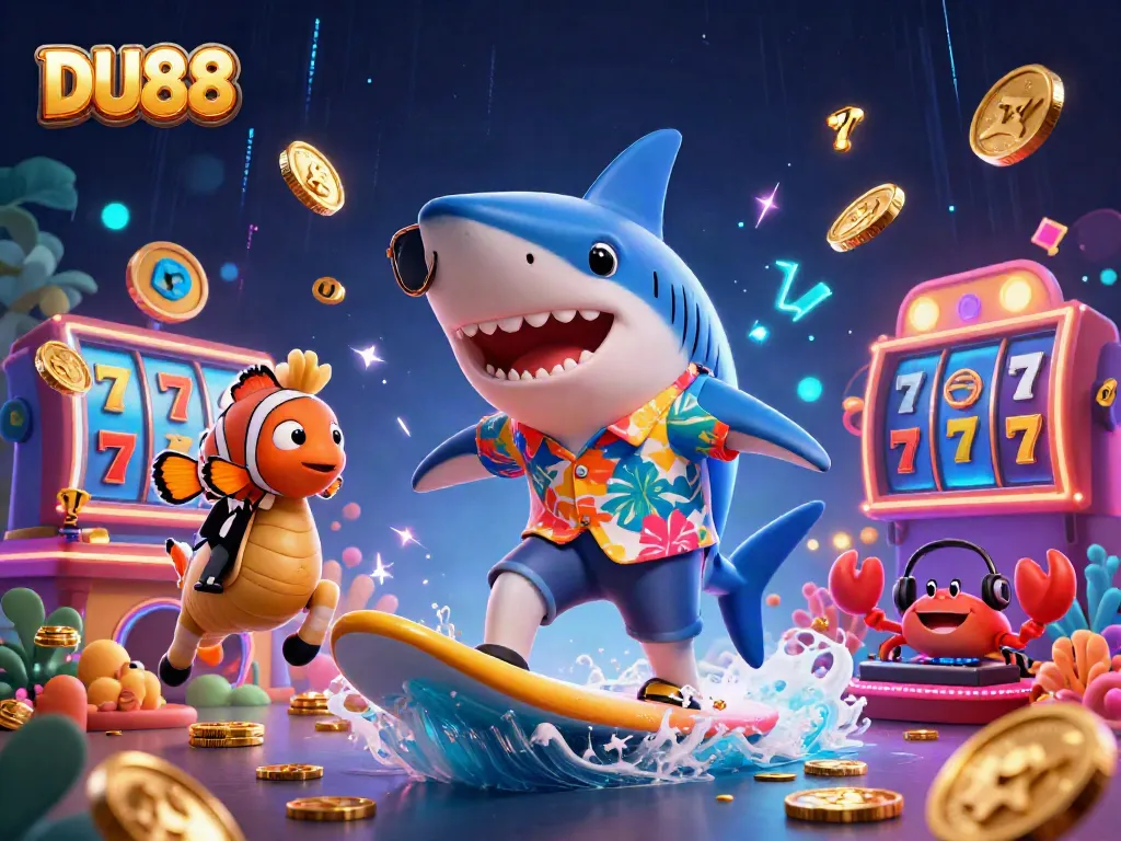 Engage with DU88 in a rich, vibrant casino scene featuring a surfing shark and exciting game elements.