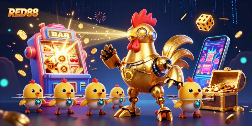 Experience excitement at RED88 Casino with a vibrant 3D illustration showcasing jackpot-winning moments.