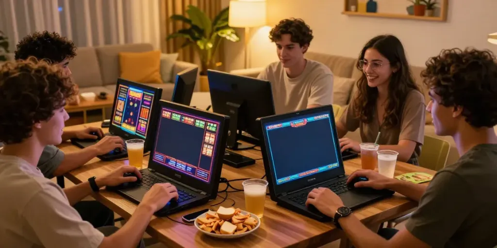 Friends enjoying slot games on smartphones at Luxury12 with snacks and drinks.
