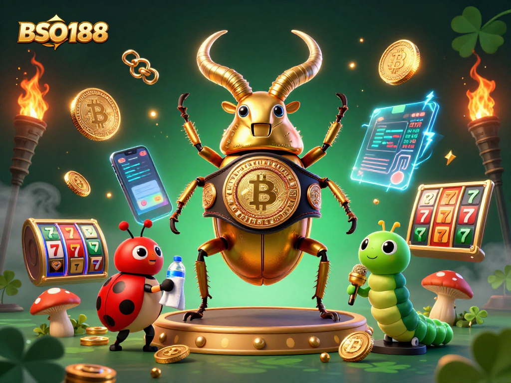 Engage with BSO188's vibrant 3D illustration showcasing a champion beetle in a casino-themed battle.