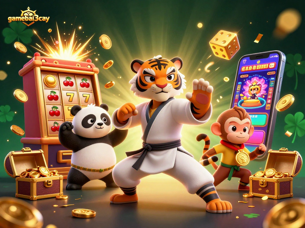 Gamebai3cay captures thrilling casino action with cartoon tiger, panda, and monkey amidst exploding slots.