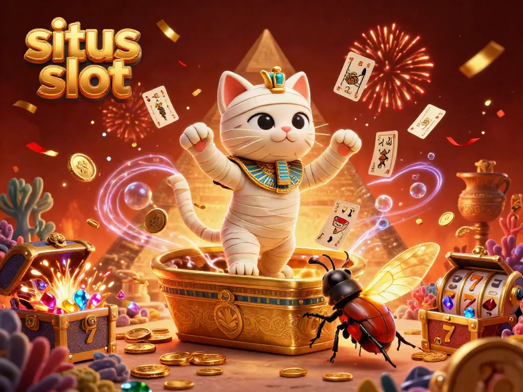 Experience situs slot excitement with a thrilling 3D scene featuring a mummy cat and a scarab beetle in a vibrant casino.
