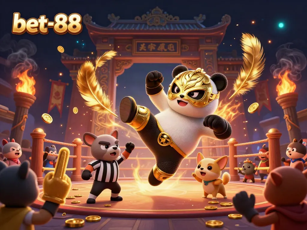 Engage in thrilling action at bet-88 with a 3D panda wrestler kicking in a vibrant casino scene