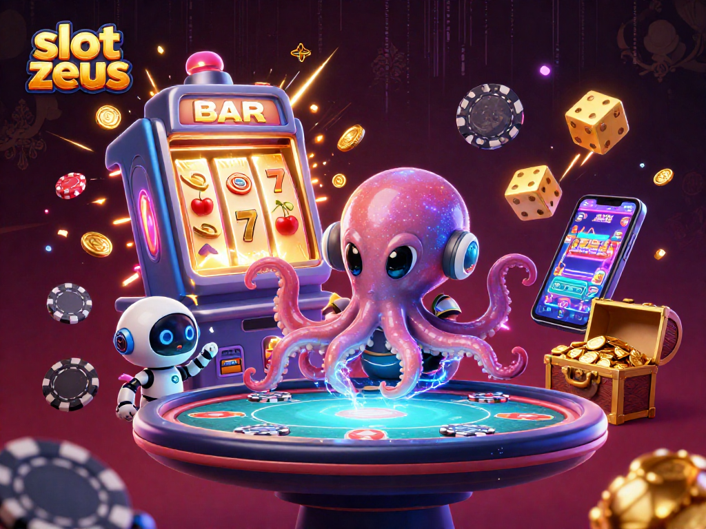 Permainan slot zeus yang menarik dengan karakter alien dan robot mengelilingi meja poker holografik.