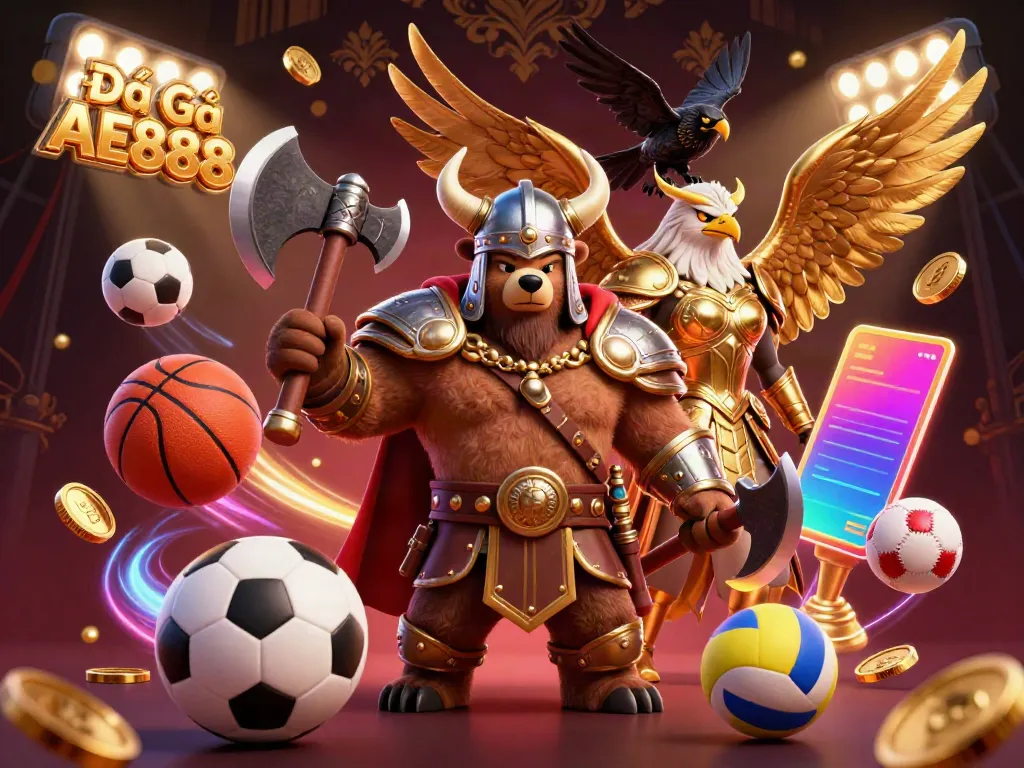 Experience the thrill of Đá Gà AE888 with this vibrant 3D carnival of battle and sports.