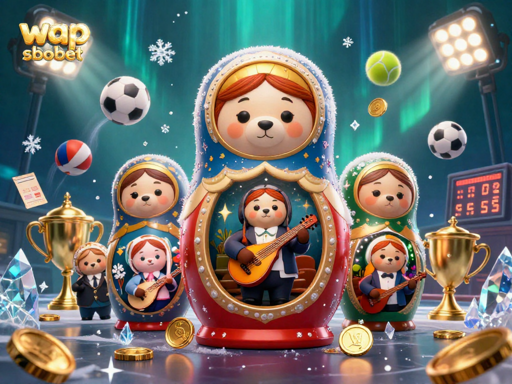 Engage with wap sbobet as the Matryoshka bear reveals casino bears amidst vibrant gambling elements.