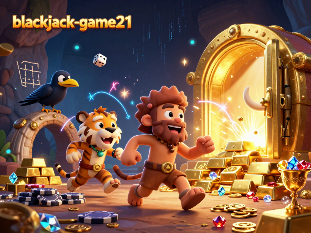 Engage in thrilling gameplay at blackjack-game21 with a vibrant casino scene featuring cavemen and treasures.