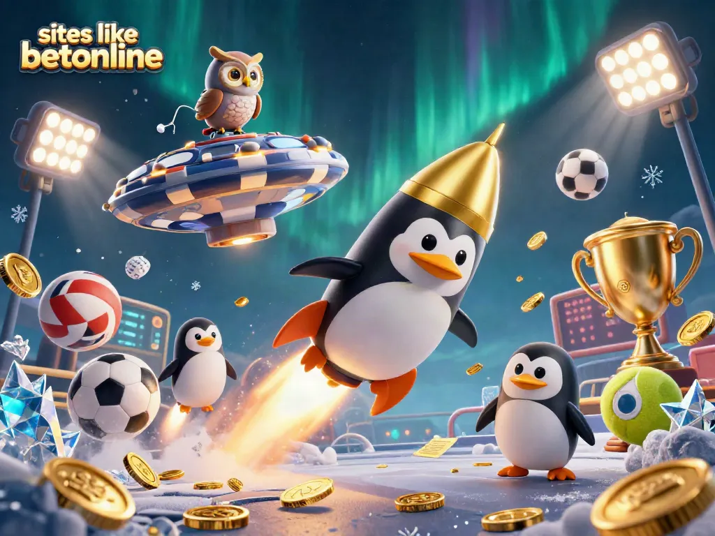 Experience sites like betonline with vibrant cartoon penguin scene in a casino space.