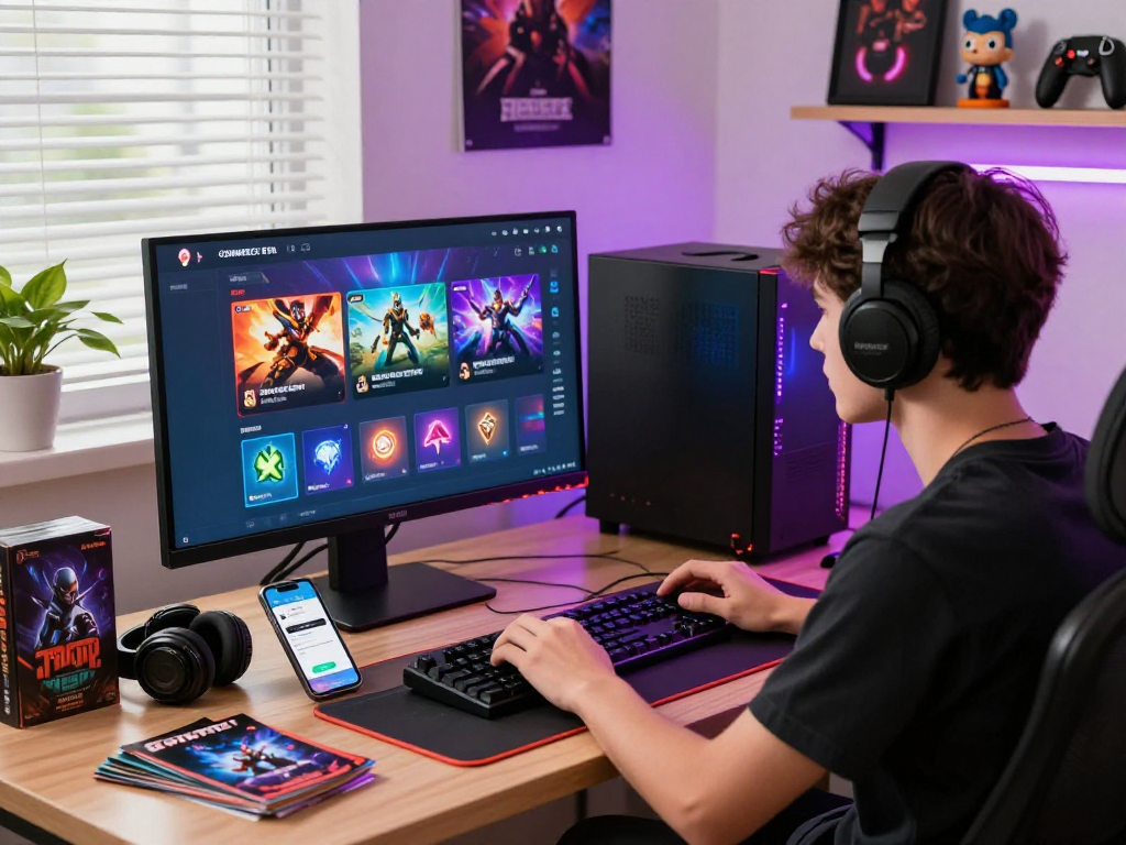 Pengalaman top-up game online di slot7000 dengan gamer muda menggunakan komputer modern.