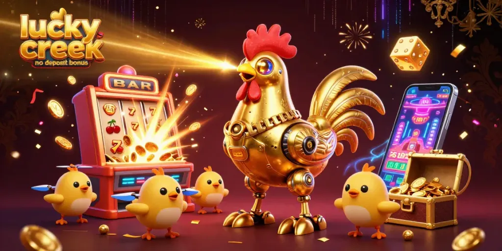 Engage with the lucky creek no deposit bonus in this vibrant 3D casino illustration showcasing a golden rooster robot amidst dynamic game elements.
