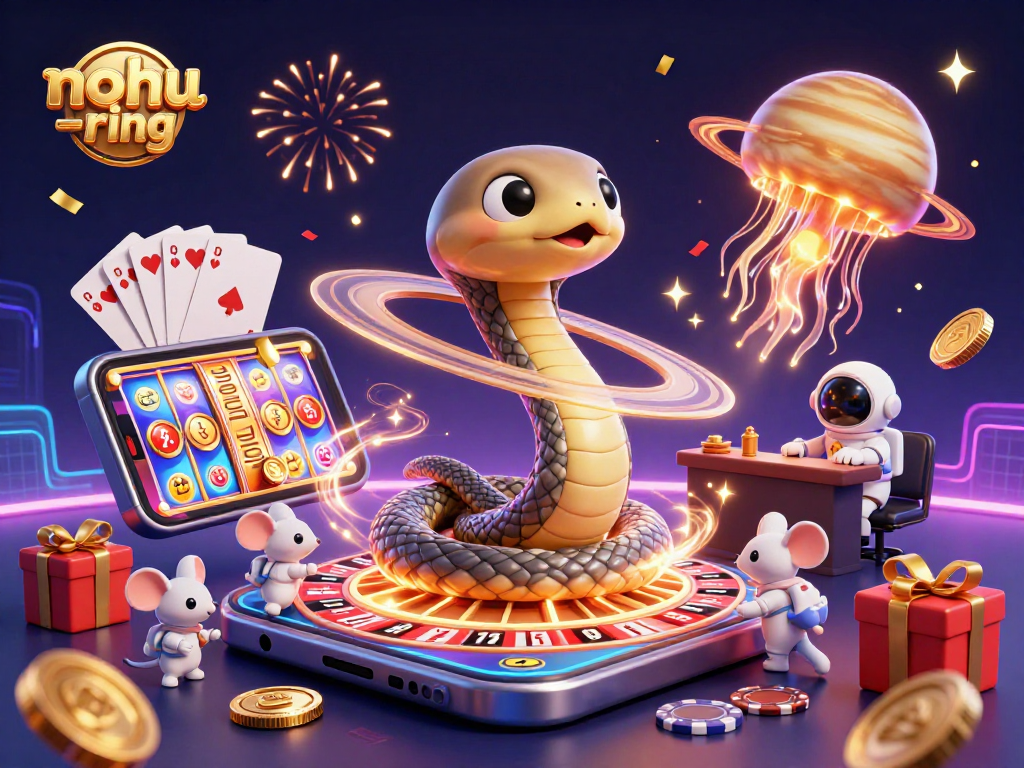 Gamblers enjoy the nohu-ring game with exciting slots and cosmic twists in this vibrant illustration.