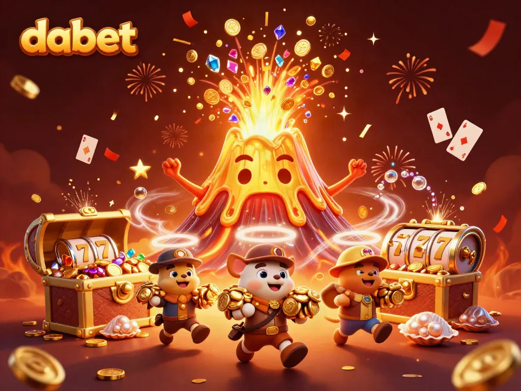 Experience the excitement of dabet with a 3D golden volcano erupting treasures and dynamic casino elements.
