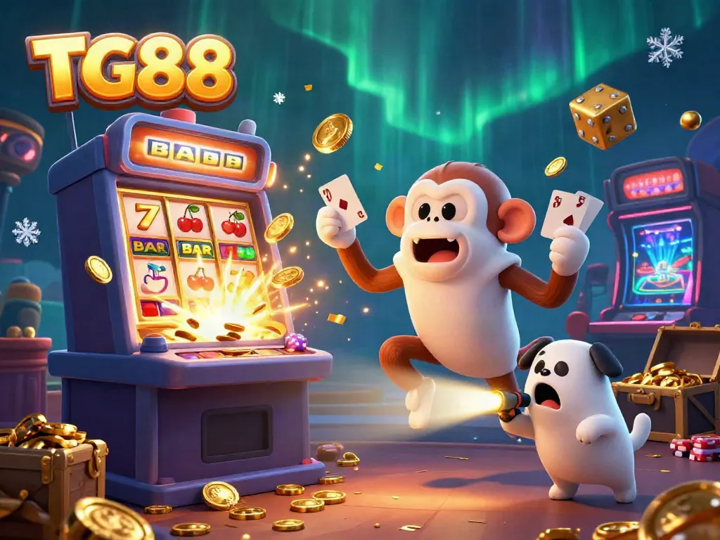 Experience the vibrant atmosphere of TG88 with a mischievous poltergeist monkey juggling casino elements and a curious puppy in a lively scene.