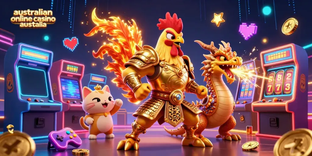 Experience the excitement of australian online casino australia with gamified 3D characters amidst vibrant casino elements.