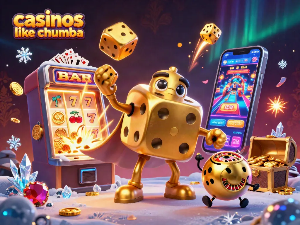 Spin and win with casinos like Chumba, featuring golden dice and colorful slots, in an exciting 3D illustration.