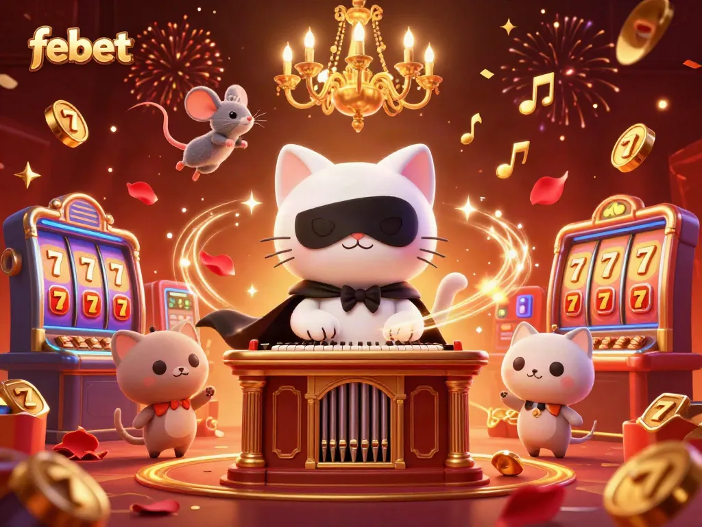 Experience epic jackpots at febet with this vibrant casino-themed illustration featuring unique characters and classic elements.