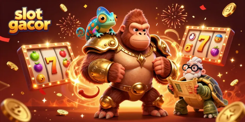 Slot gacor dengan karakter kartun raja gorila mengalahkan dada, dikelilingi simbol slot berwarna-warni.