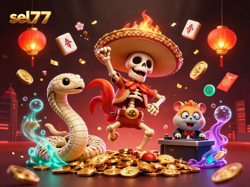 Engage with sel777, featuring a vibrant mariachi rooster, mummy snake, and DJ hamster in a lively casino scene.